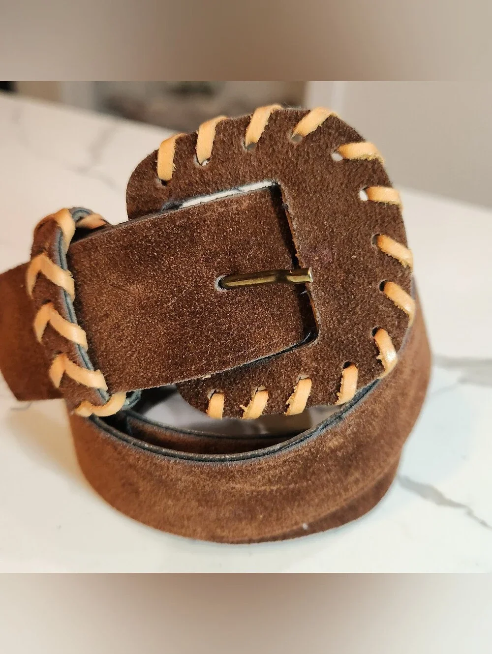 Woman's Vintage Brown Suede Braided Whipstitch Leather Belt Size Large